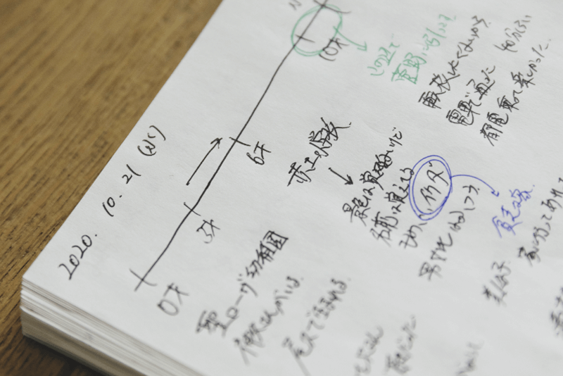 こちらも当時使っていた実際のノート。母の幼少期から学生時代の話を聞いた日のメモです。